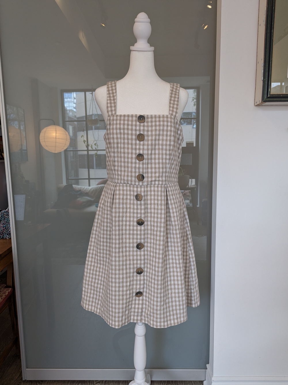 Pink Martini Beige Gingham Button-Front Mini Dress